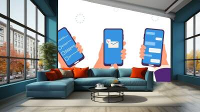 People chat. Hands hold smartphones, digital addiction. Business time management app, send mobile email and chatting vector illustration. Mobile phone chat, smartphone screen communication Wall mural