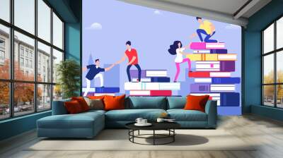 People climbing books. Business success, education level and staff and skill development vector concept. School study people, success student learn books illustration Wall mural