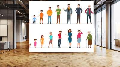 People generations of different ages. Man woman baby, kids teenagers, young adult elderly persons. Human age vector concept. Process development generatio male and female illustration Wall mural