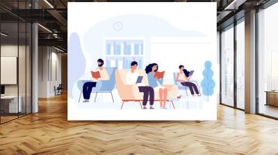 People in library. Persons reading books sitting on chair. Students studying college knowledge in university library vector concept. College library with student reading illustration Wall mural