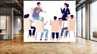 People meeting. Psychotherapy training, business lecture or conference. Persons sitting talking. Man woman support group vector. Psychiatrist help together seminar, business professional meeting Wall mural