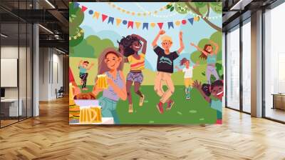 People on garden party. Drinking couple, retro dancing family evening with drink. Outdoor dance on backyard with barbecue vector illustration Wall mural