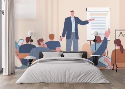 People on lecture and presenter at presentation. Male speaker, public meeting or coaching. Business corporate training, kicky seminar vector scene Wall mural