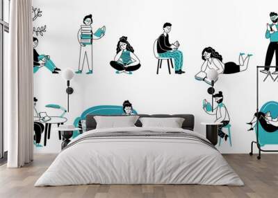 People read books. Girl reading, book study in summer park. Doodle young persons lifestyle, decent students relax and learn vector characters. Illustration lover book, girl and boy with books Wall mural