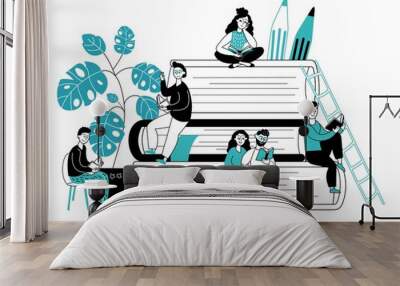 People studying with books. Reading book, young readers and students. Exam preparation, new knowledge acquire decent vector concept. Illustration young reader, student learning knowledge Wall mural