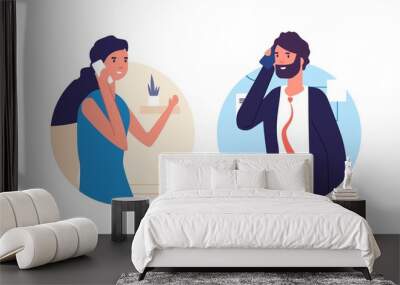 People talking phone. Man and woman have conversation. Business dialog. Couple in love, wife and husband vector illustration. Speech conversation dialog man and woman, girlfriend boyfriend Wall mural