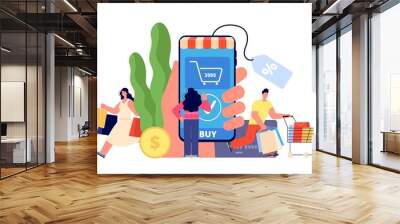 Person online shopping. Easy payment, shop app smartphone. Modern woman buy, ecommerce and delivery. Internet customer utter vector concept Wall mural