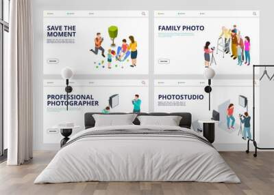 Photo shoot landing pages. Isometric professional photographer, family, pets. Vector photo studio web pages. Illustration photography shoot, photographer web site homepage Wall mural