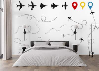 Plane paths vector. Aircraft tracking, planes silhouettes, location pins isolated on white background. Illustration of route flight line, air jet travel Wall mural