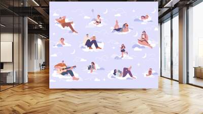 Play in clouds. Children and adults sitting and resting on fluffy clouds with book, drinks and cats. Creativity thinking, dreaming and sleeping kicky vector set Wall mural