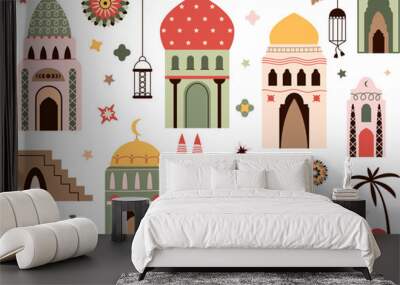 ramadan kareem islamic elements. isolated lamp, mosaic arabian windows and doors. mosque silhouettes Wall mural