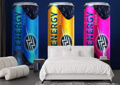 Realistic disposable energy drink cans in different colors of design vector template isolated on white background Wall mural