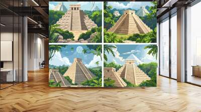 Regal aged pyramid lush rainforest cartoon vector scenes. Boulder aztec maya rock remnants tropical greenery archaeology historical setting legacy mysterious building lively artworks Wall mural