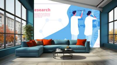 Research lab landing. Researcher chemist doing clinical test in chemical laboratory. Pharmaceutical scientific vector concept. Scientist education, chemist research in lab illustration Wall mural