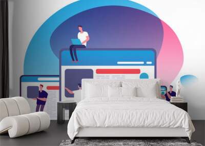 Responsive design vector concept. People creating responsive web application with tablet and phone, laptop and computer display. Illustration of app design responsive build Wall mural