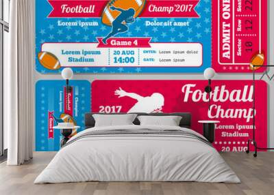 Rugby, football sports ticket card vector retro design. Ticket to play game rugby. Championship match rugby tournament illustration Wall mural