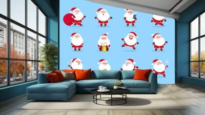 Santa claus. Cartoon christmas fun character set for winter holiday greeting card. Santa vector collection. Illustration of happy claus, santa christmas costume Wall mural