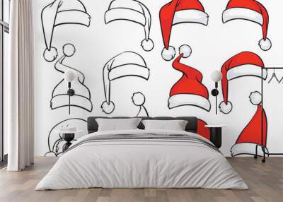 Santa red hats with white fur and ink sketch set. Isolated Christmas holiday vector decoration illustration Wall mural