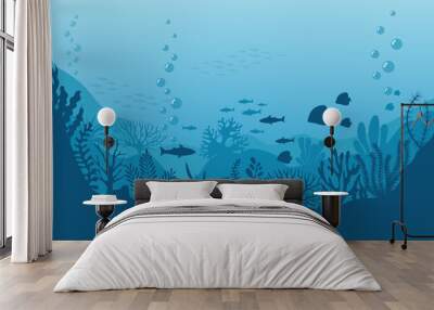 Sea underwater background. Ocean bottom with seaweeds. Vector marine scene Wall mural