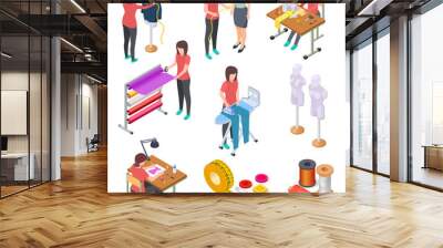 Sewing factory isometric set. Textile clothing manufacturing with workers and machinery. Industrial sewing 3d collection. Tailoring and designer, mannequin and seamstress handmade illustration Wall mural