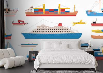 Ships and boats cartoon design. Yachts, cargo and sea ship. Cruise ocean liner, nautical transportation and adventures decent vector elements Wall mural