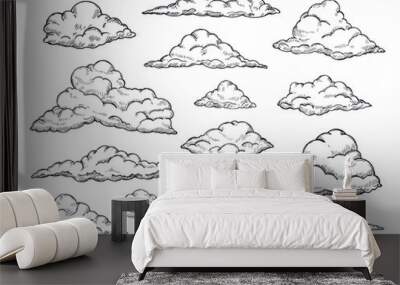 sketch clouds. hand drawn sky cloudscape. outline sketching cloud vintage vector collection. illustr Wall mural