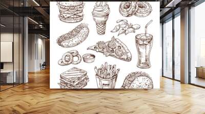 Sketch fast food. Burger hot dog, sandwich snacks, chips and ice cream, cola pizza. Hand drawn fast food vector set. Hamburger and pizza, sandwich food, menu fast food illustration Wall mural