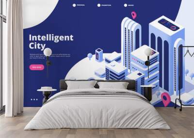 Smart city concept. Urban digital innovation office future city virtual town road smart skyscraper 3d isometric landing vector page. Illustration of smart city isometry web banner Wall mural