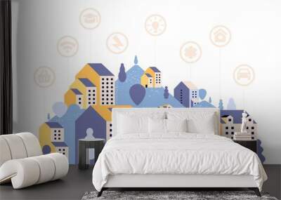 Smart city. Country landscape with houses and clever icons. Urban modern town with communication, internet, online stores vector illustration. Smart city communication, digital networking Wall mural