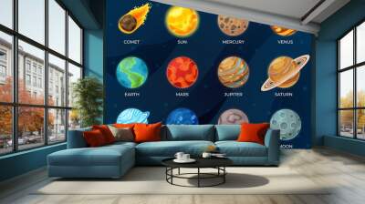 Solar system planets. Astronomy science, galaxy sun circle. Cartoon moon earth venus asteroid, cosmos or universe recent vector collection. Illustration space cosmic system, satellite and globe sphere Wall mural