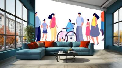 Special people. Disabled person in wheelchair, medicine for handicap. Diverse friends together, man woman kid group vector set. Handicapped character, woman and man with stick support illustration Wall mural