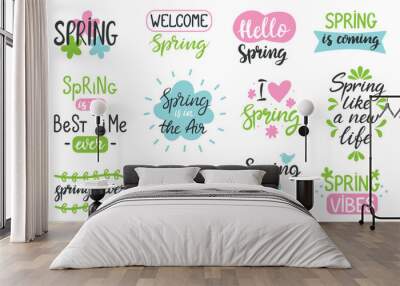 Spring lettering. Seasonal calligraphy quotes for postcards, posters and ad flyers. Handwritten phrases for prints, springtime neoteric vector set Wall mural