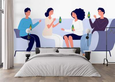 Student party. Friday evening, flat people with beer on couch. Friends meeting, flat man woman spend free time together vector illustration. Friends leisure with on sofa with beer, weekend party Wall mural