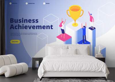 Success team isometric concept. Business triumph achievement corporate mission best award competition winner goal vector background. Illustration of business goal isometric, winner success Wall mural