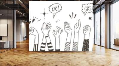 Support and applause sketch hands. Arm waving, clapping hand woman man. Helping or support human, happy signs. Thumbs up, fan crowd neoteric vector concept Wall mural