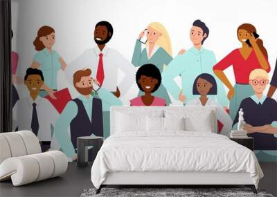 Team portrait. Smile diverse ethnic professionals in group. Corporate young coworkers together in office clothes. Decent employee in business vector scene Wall mural