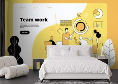 Teamwork landing page. Employees working together. Data analysis, effective professional cooperation. Startup vector web template. Illustration cooperation teamwork, web site, effective startup Wall mural