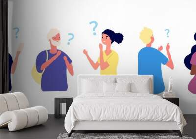 Thoughtful people. Curious girls, young thinking characters. Man has question, contemplative or pensive person. Problem solution vector illustration. Thinking human, adult think idea and question Wall mural