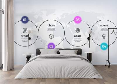 Timeline infographic. Loop process chart with 4 step on world map. Business four options process with numbers. Workflow vector diagram. Timeline step process, infographic business illustration Wall mural