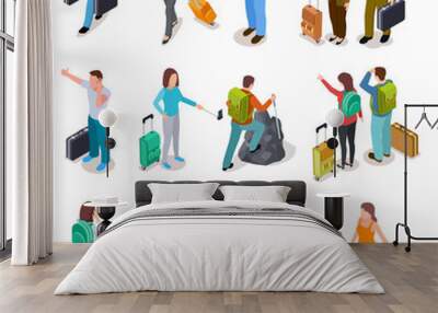 Travel people isometric set. Men, women and kids with luggage. Tourist family, passengers and baggage. Tourism vector collection. Illustration of people travel adventure, walking and hiking isometry Wall mural