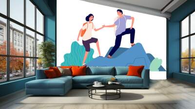 Travellers climb mountain. Cartoon tourists, backpackers vacations. Active sport people, man woman spend time outdoor together vector illustration. Travel mountain extreme, climber outdoor challenge Wall mural