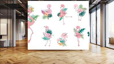 Tropical pink flamingo. Cartoon flamingos clipart with exotic palm leaves. Different africa birds, beach party stickers. Cute nowaday vector animal clipart Wall mural