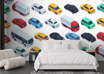 Urban cars seamless texture. Vector background. Isometric cars Wall mural