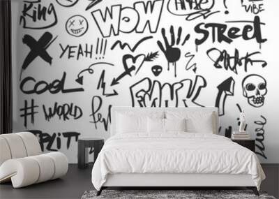 Urban graffiti elements. Spray graphics street drawing, pen doodle texture art. Isolated black fashion paint lettering, funky painted writing neoteric vector set Wall mural