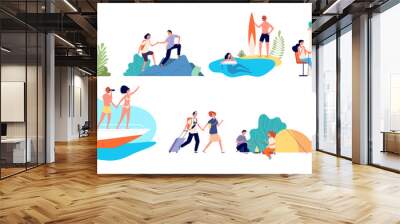 Vacation activities. Women family travel adventures. Water sports, active lifestyle and ocean coast. Sightseeing, hiking tourism vector set. Adventure tourism, vacation and travel, trip and journey Wall mural