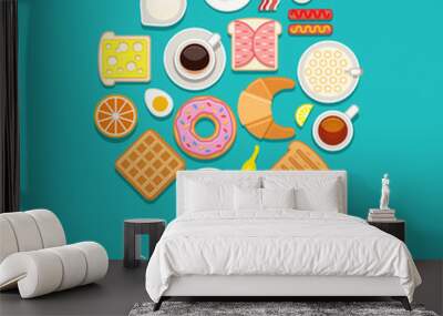 Vector breakfast concept with food and drinks with flat icons in circle composition. Breakfast composition sandwich and omelette, breakfast food bakery illustration Wall mural