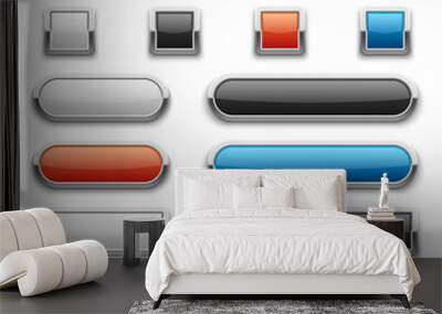 Vector red, blue, black and white glossy buttons with shiny metal frame Wall mural