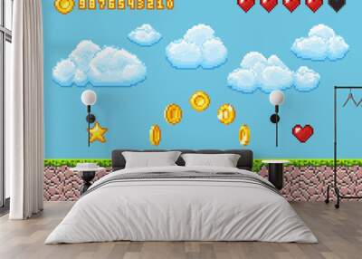 Video pixel game landscape with gold coins, white clouds and red hearts vector illustration Wall mural