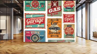 Vintage car service and gas station vector metal signs Wall mural