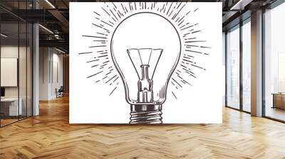 Vintage light bulb in engraving style. Hand drawn retro lightbulb with illumination for idea concept. Vector illustration Wall mural